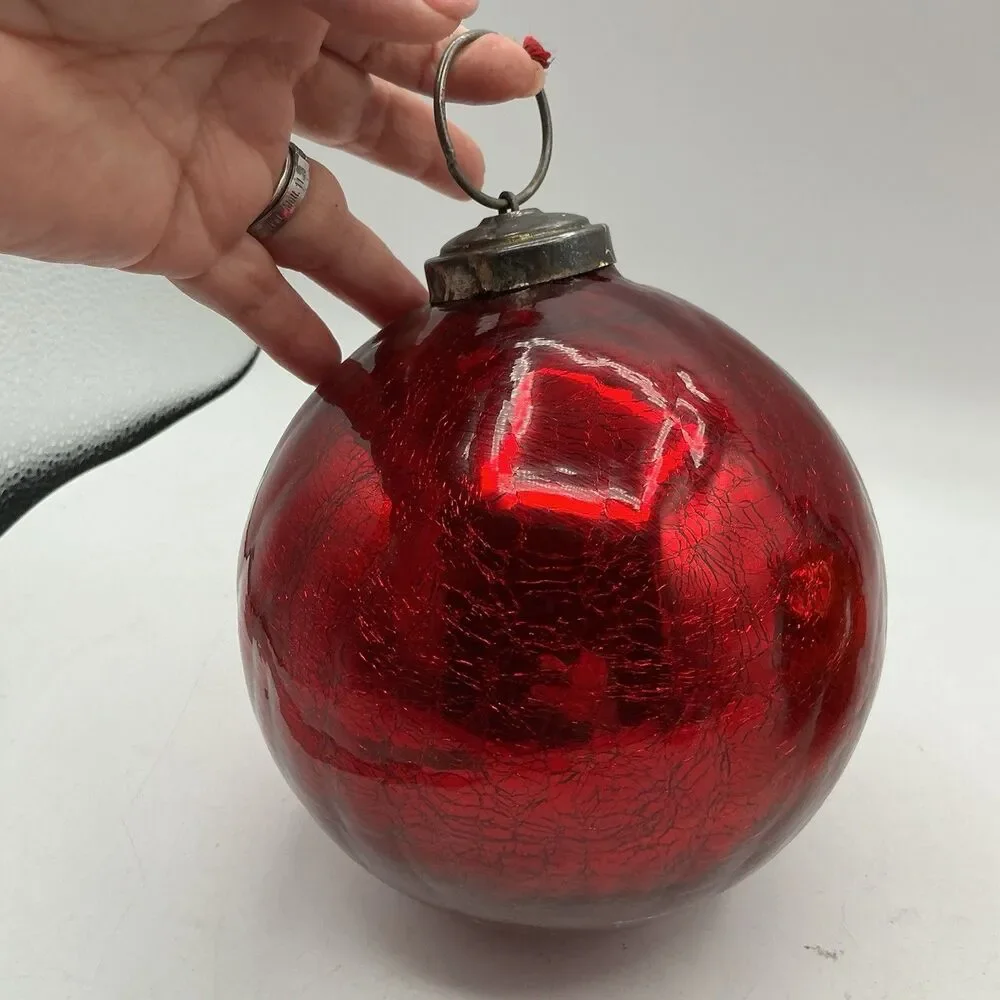 Vintage Large Red Crackle Glass Christmas Ornament 6” Heavy Silver Cap Decor
